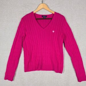 Chaps Womens XL‎ Pink Cable Knit V-Neck 100% Cotton Long Sleeve Sweater Logo